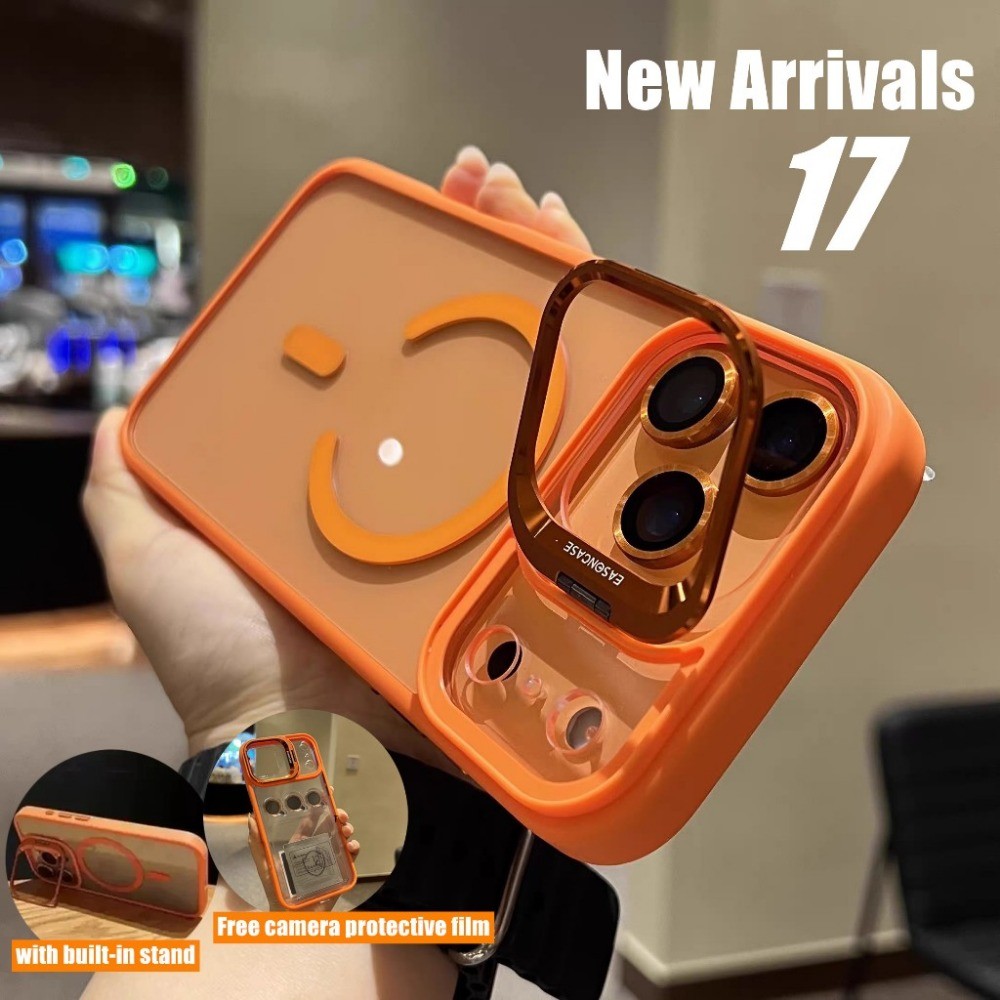 Capa De Telefone Magnética Com Suporte De Metal Transparente Laranja Cósmica Para iPhone 17 11 12 13 14 15 16 Pro Max 16