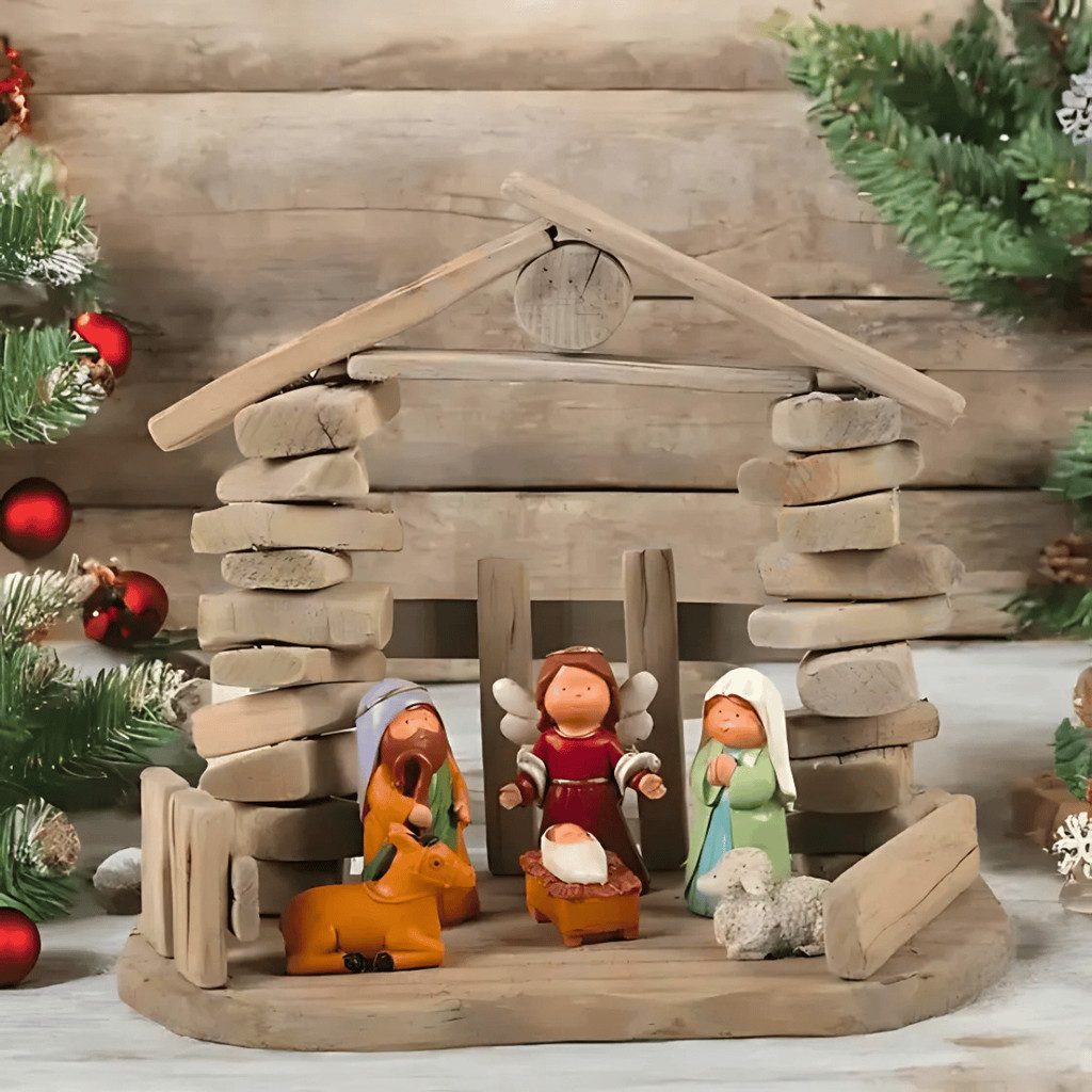 Presépio Natalino 27cm Casinha Madeira - Wincy Natal / Sagrada Família / Decoração Cristão Resina