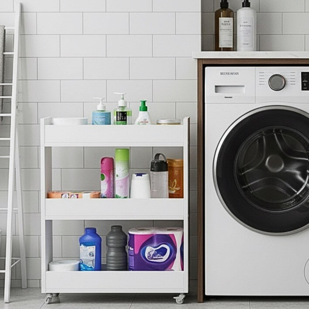 Carrinho Organizador Móvel Lavanderia Com 4 Prateleiras Para Diversos Itens Com Rodinha MDF em Oferta na Shopee