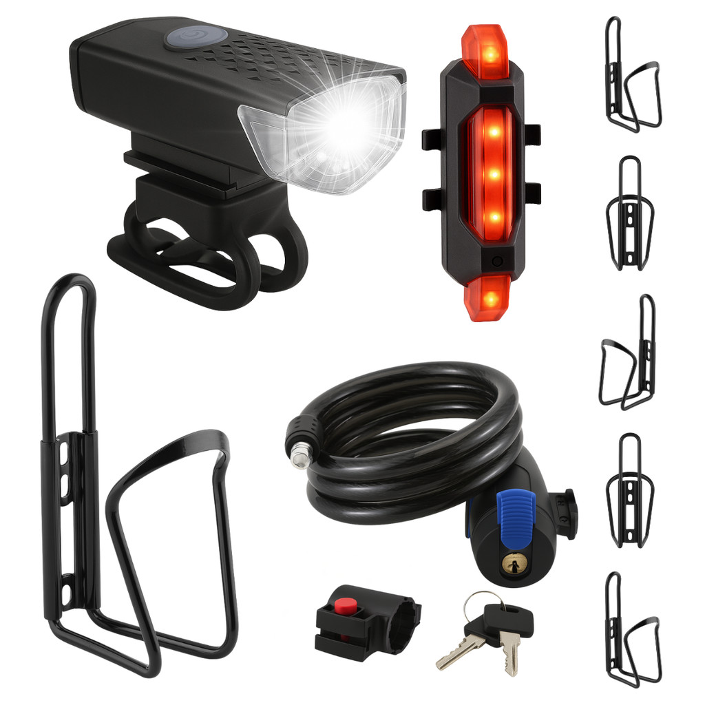 Kit Completo Bike Farol E Sinalizador USB + Suporte Porta Garrafa + Cadeado Segurança