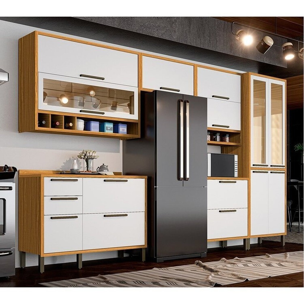 Cozinha Completa 100% Mdf 6 Peças 12 Portas 4 Gavetas e Vidro 354cm Vicenza Espresso Móveis Amêndoa/Branco em Oferta na Shopee