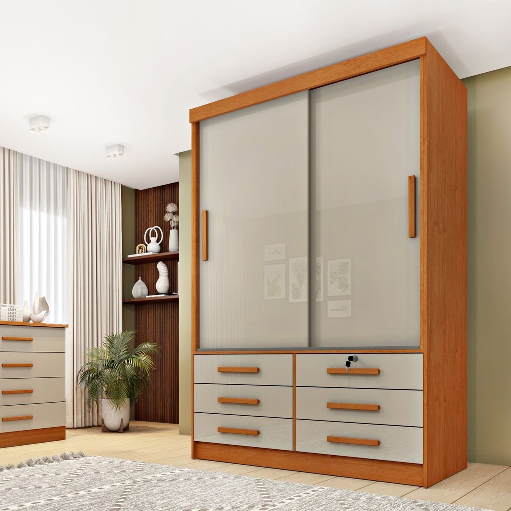 Guarda Roupa Solteiro 2 Portas 6 Gavetas 133cm Chicago   Cinamomo/Off White em Oferta na Shopee