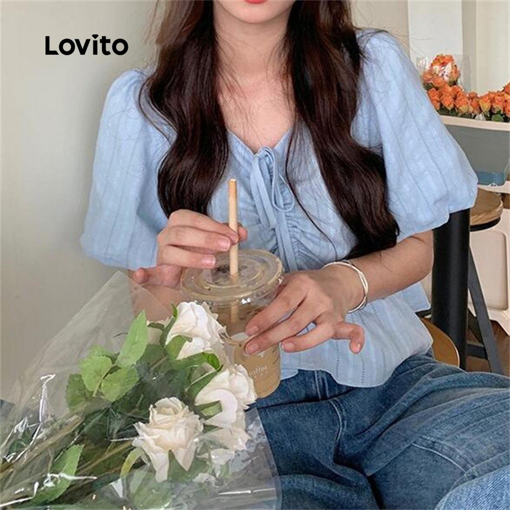 Detalhes do Lovito Blusa Casual Listrada Com Estampa Franzida Para Mulheres LNE71762