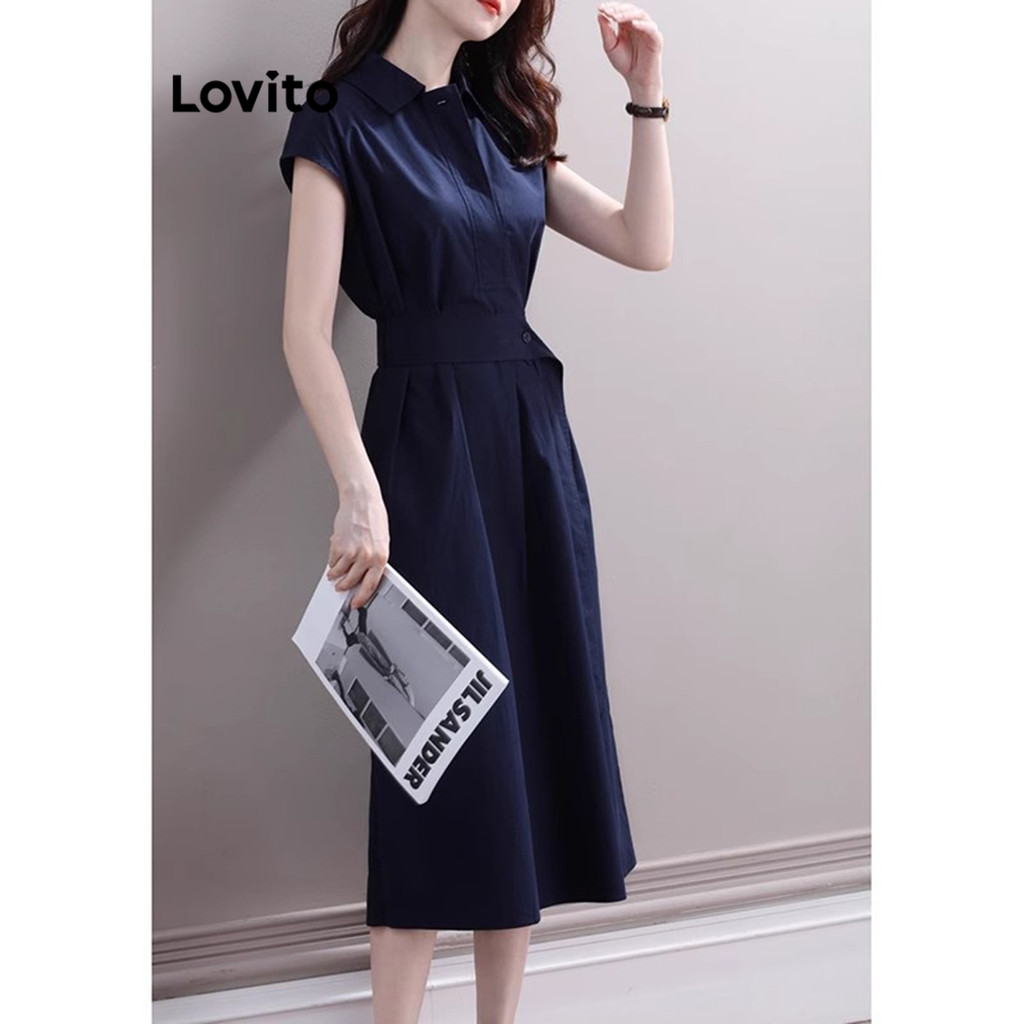 Detalhes do Lovito Vestido Casual Vestido Liso Com Botões Para Mulheres LNE57068 (Multicolorido)