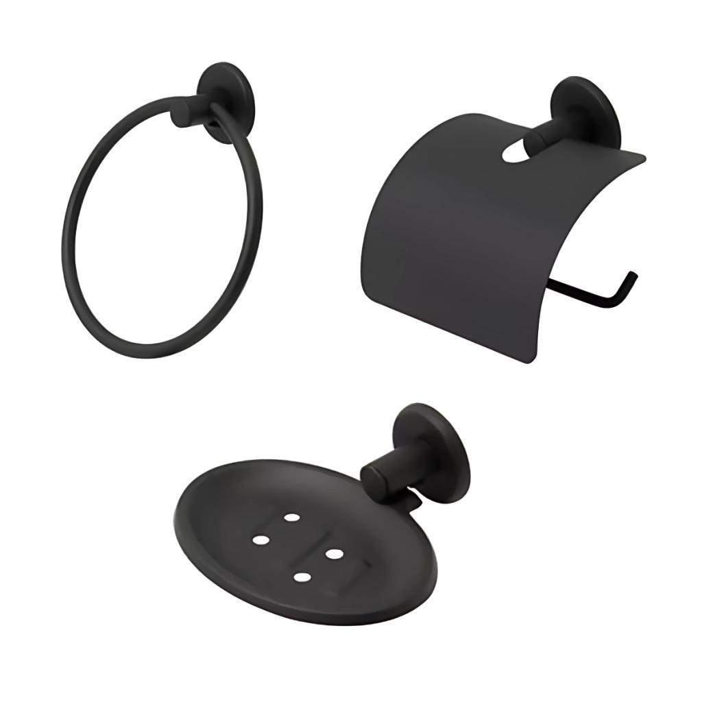 Conjunto de Acessórios Veneza Preto: Argola, Saboneteira e Papeleira à Prova d'Água