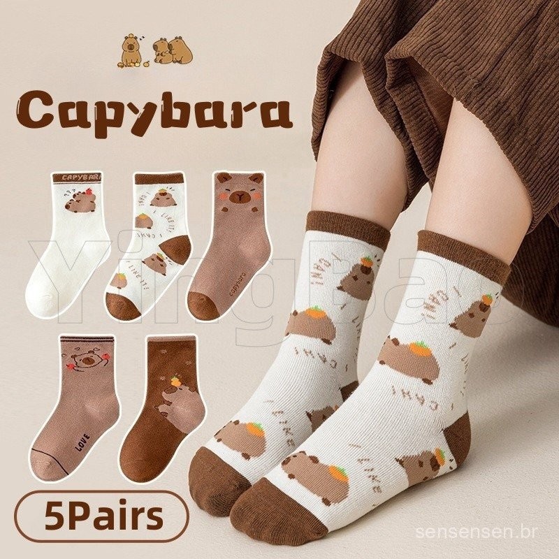 5 Pares Engraçado Capivara Algodão Tripulação Meias Unissex Crianças Moda Novidade Diárias Presente