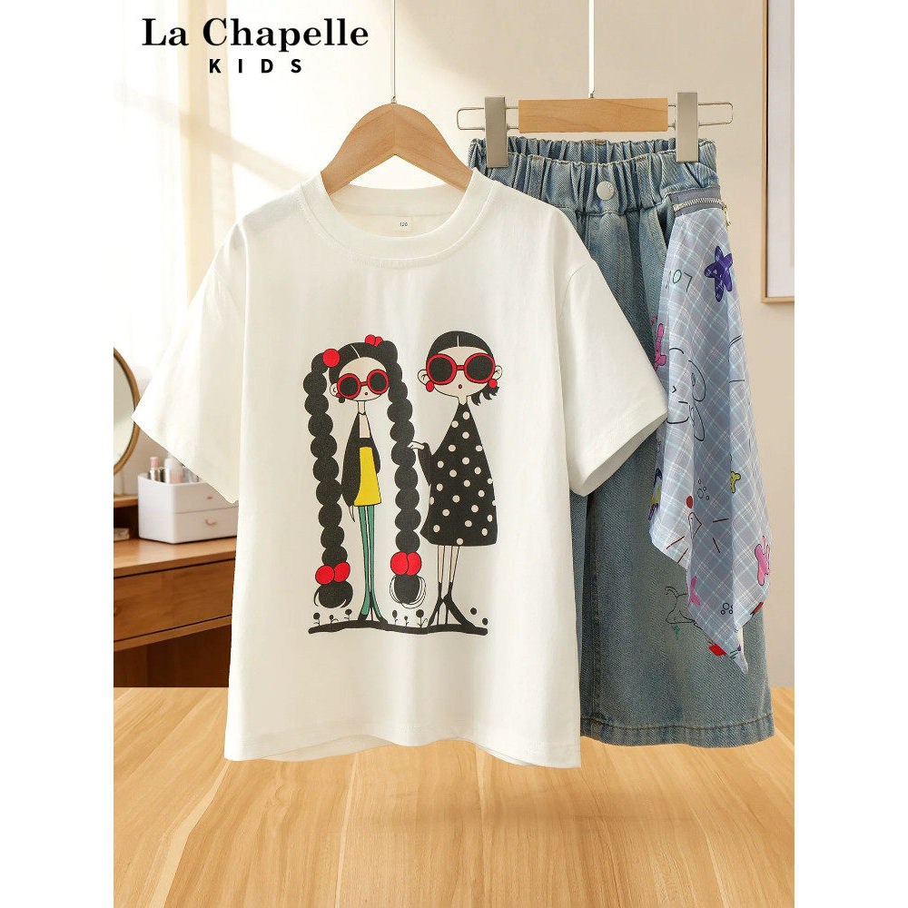 Lashebel roupas infantis meninas verão camiseta terno grandes crianças versão coreana moda solta camiseta Shorts jeans n
