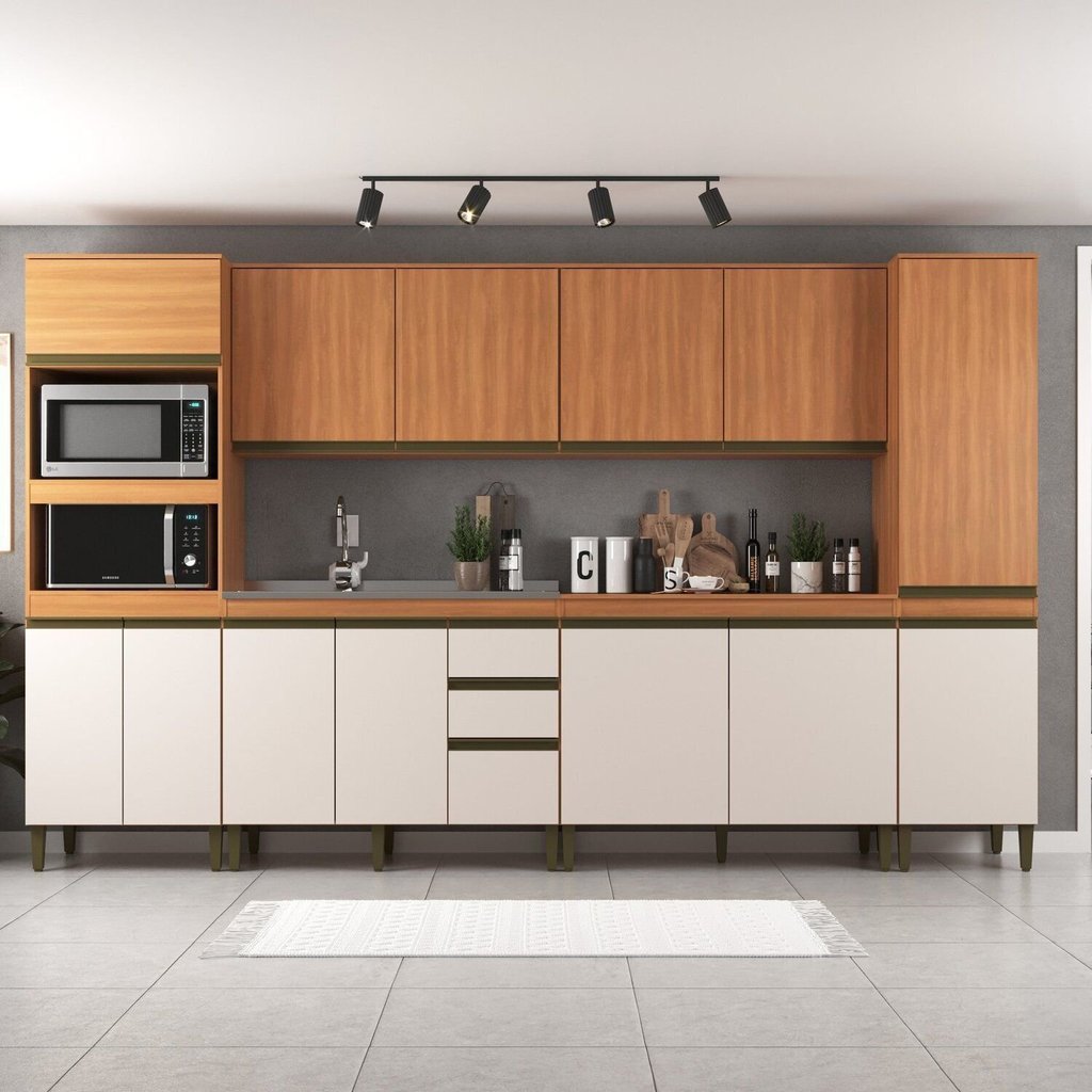 Cozinha Completa Modulada 6 Peças com Torre Quente e Paneleiro Cecília Marrom/Freijó/Off White Lisa