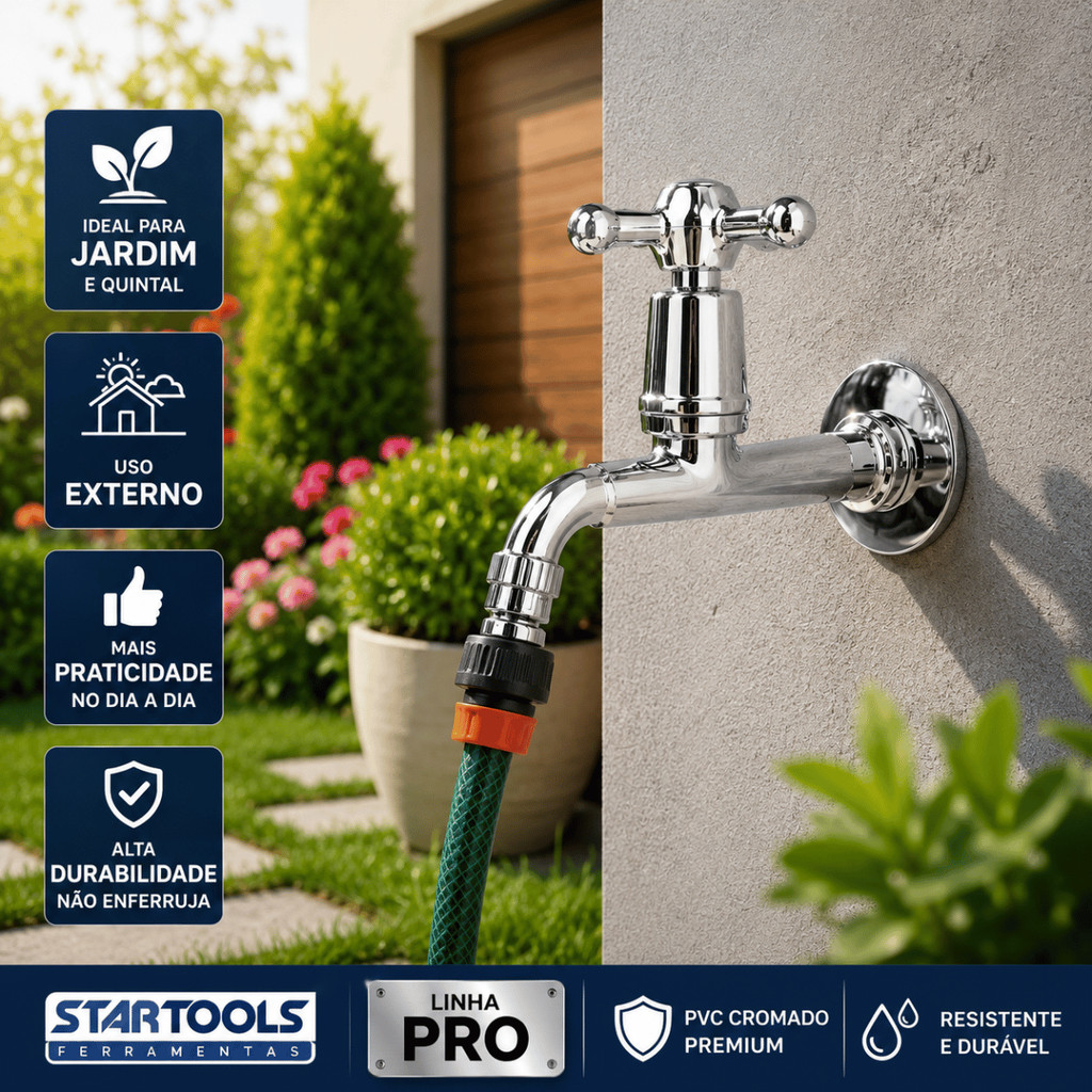 Torneira PVC Cromada 1/2 Curta Ou Longa Jardim Tanque Lavanderia Área Serviço Startools Resistente