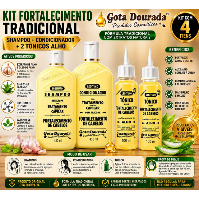 Kit Shampoo, Condicionador E 2 Tônicos Alho - Gota Dourada