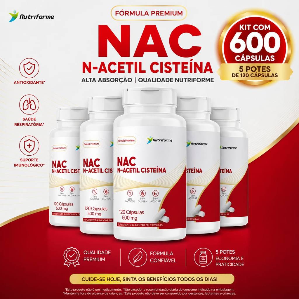 N-Acetil L-Cisteína NAC - 500mg - Precursor da Glutationa - 600 Cápsulas