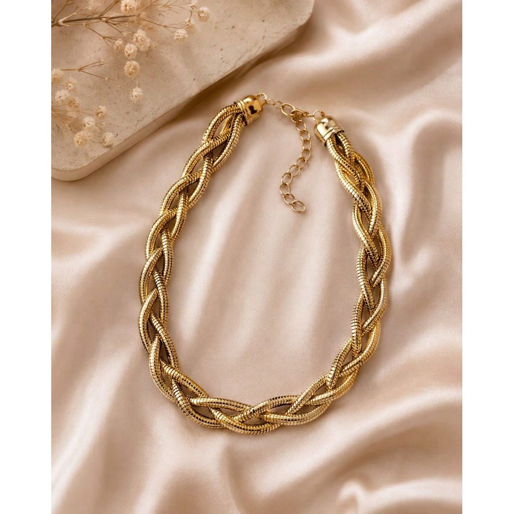 Colar Trançado Dourado E Prata Corrente Grossa Elegante, Choker Trançada Grossa Dourada E Prata
