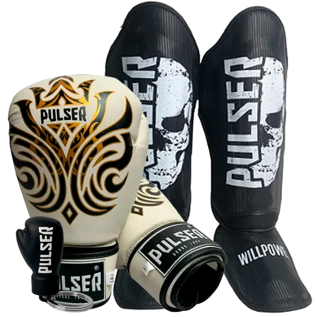 Kit Luva Boxe Pamy Gelo Pro 12oz Caneleira Caveira Tam M Chaveiro Branca Muay Thai Kickboxing