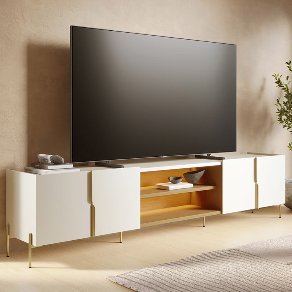 Rack Para Sala de Estar TV 85 Pol Com LED Pés Industrial 243cm Novare C04 Off White Matte Freijó - Lyam Decor