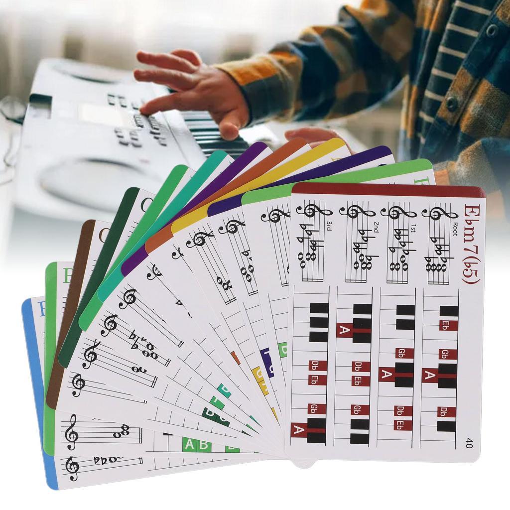Cartões flash de música compactos, 12 teclas, codificados por cores, fácil de usar, gráfico de acordes de piano, placa