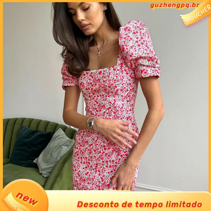 Vestido Longo Elegante Feminino com Cintura Ajustada e Slimming, Vestido Floral de Manga Curta Fresco