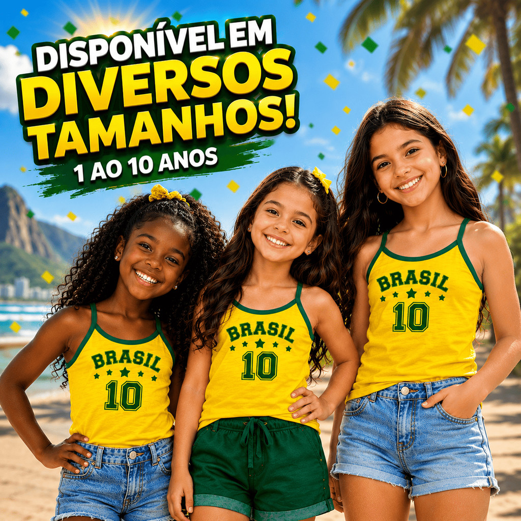 Camiseta Regata Brasil Infantil Feminina Baby Look Amarela Estampada Seleção Copa do Mundo Camisa Blusa Bebê Criança