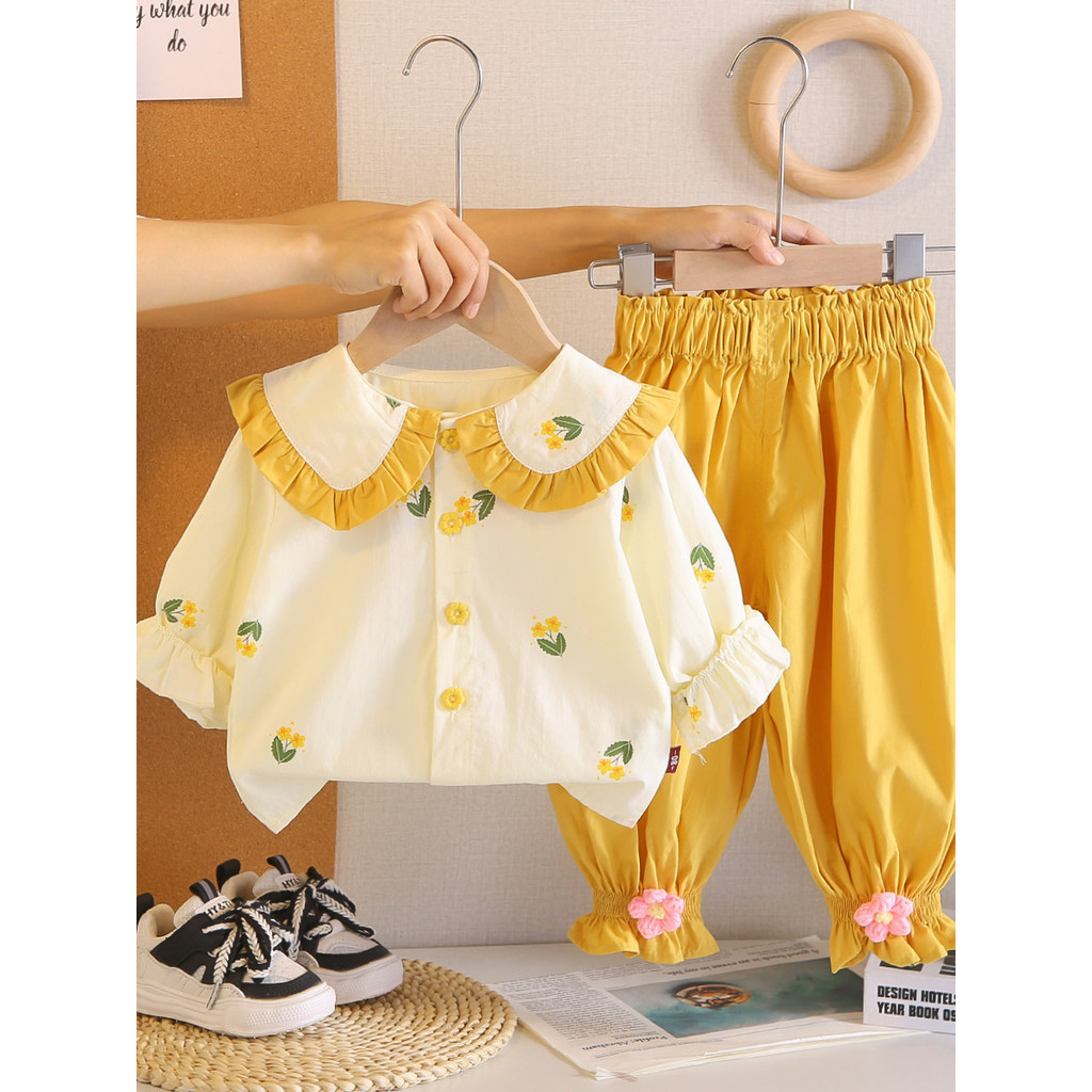 Meninas roupas de primavera moda lapela camisa terno de duas peças bebê primavera doce camisa crianças roupas