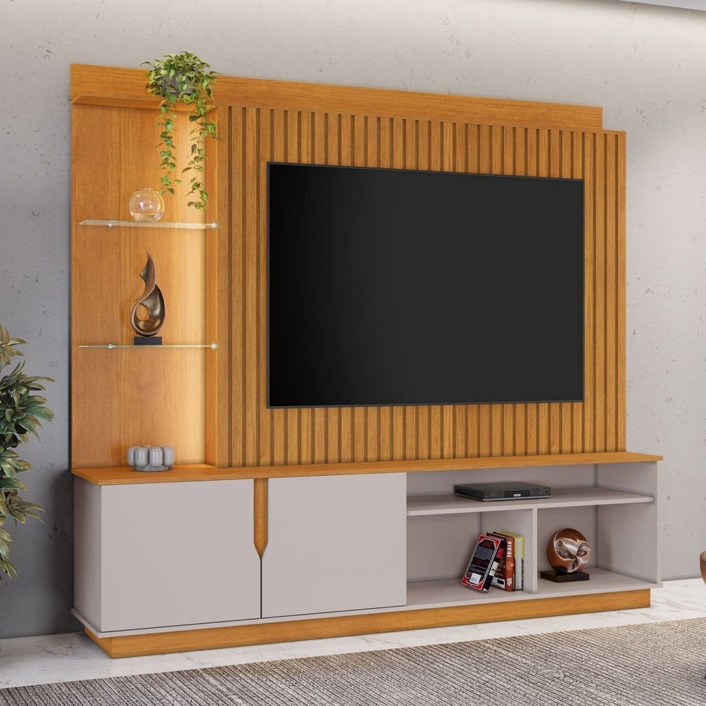 Estante para TV e Home Theater até 60 Polegadas MDF 182cmx196cm Amparo Candian Amarelo Cinamomo/Off Cinamomo/Off White