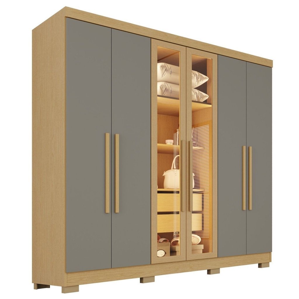 Guarda-Roupa Casal com Pés Reflecta com LED 06 Portas 02 Gavetas França Cinza/Jequitibá/Granizo