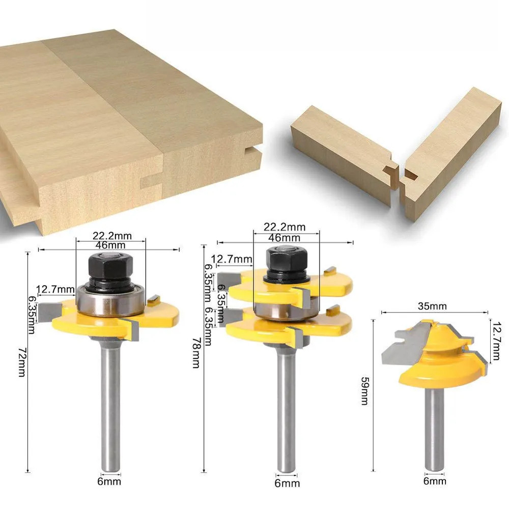 Conjunto de 3 peças de fresa para carpintaria com conexão de espiga em forma de T