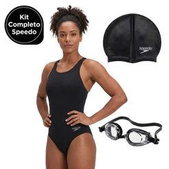 Kit Natação Speedo Maiô Cross Óculos Antiembaçante Proteção UV e Touca Flat Silicone Hidroginástica
