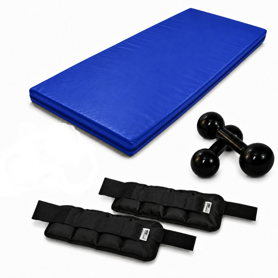 Desconto! Kit Fitness  Colchonete Academia 90x40x3+ Par de Halteres Bola Emborrachado 4kg+ Par de Caneleira 4kg