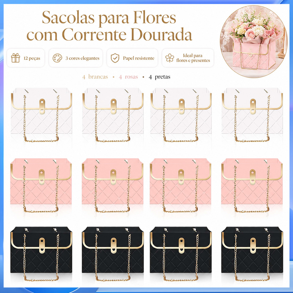 12 sacola de flores com corrente dourada de luxo leve, buquê de três cores, saco de papel de embrulho