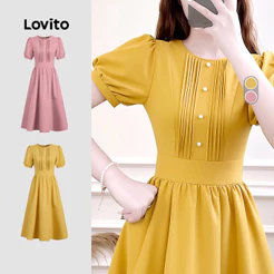 Lovito Casual Vestido Estrutura Linha Pregas Primavera/verão Amarelo para Mulheres LK4ED481