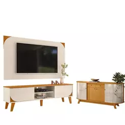 Rack Bancada E Painel Para Tv Duna Com Aparador Para Sala Buffet Mônaco Cinamomo Off White - Madetec