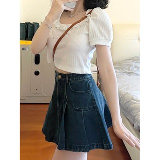Miss Gong jk Pequena Camélia Saia Jeans Feminina Saia Jeans Saia Plissada Verão Linha a Jeans