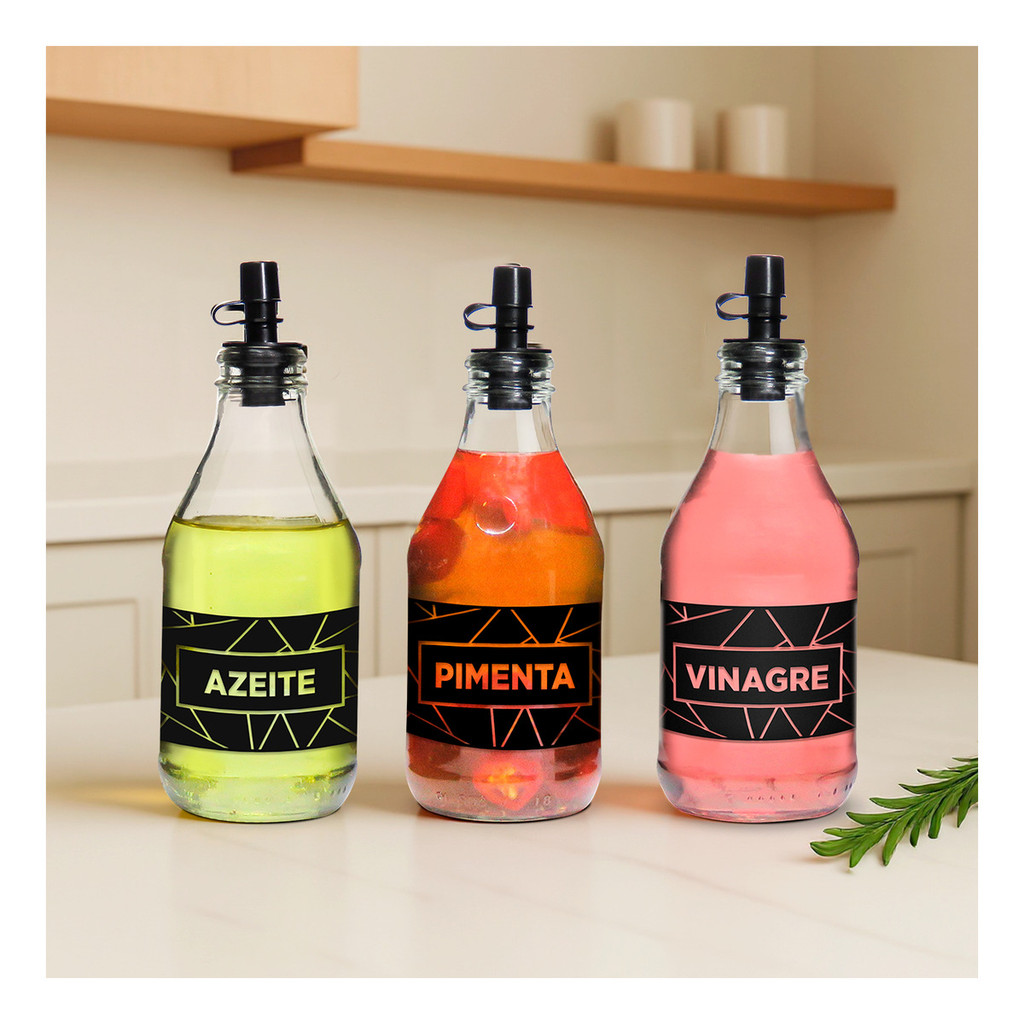 Kit 3 Galheteiros 200ml - Azeite / Vinagre / Pimenta