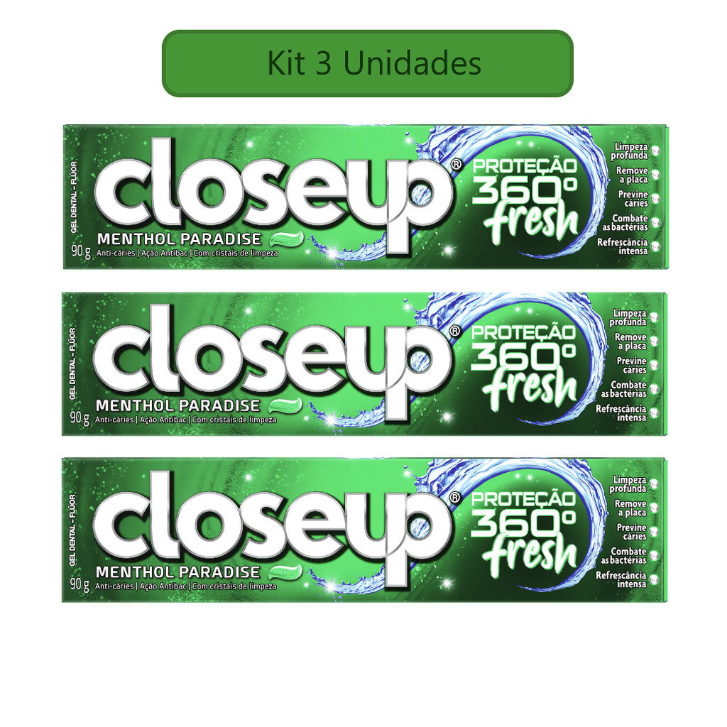 Kit 3 Creme Dental CloseUp Menthol Paradise Proteção 360 Fresh 90g em Oferta na Shopee