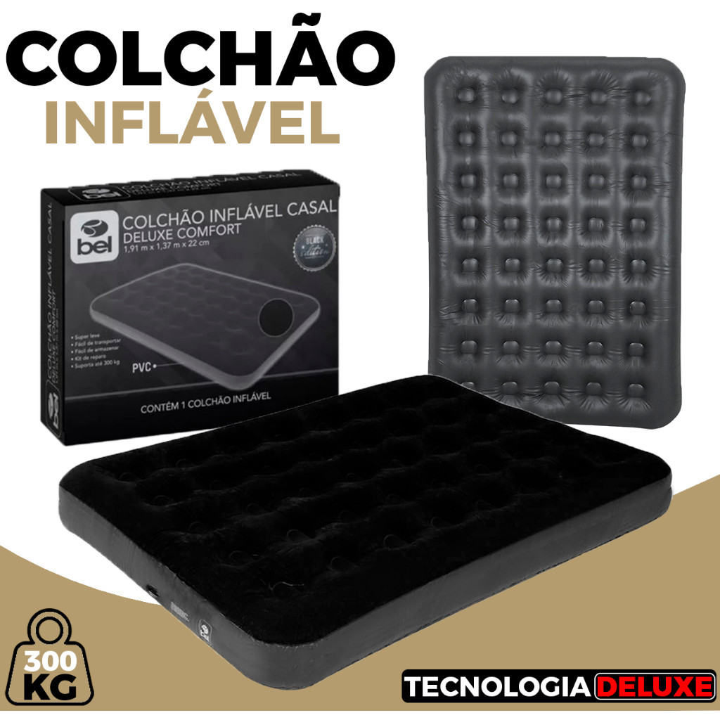 Colchão Inflavel Casal Deluxe Confort Resistente 300kg Camping Lazer Viagens Belfix com Kit Reparo Aveludado Original