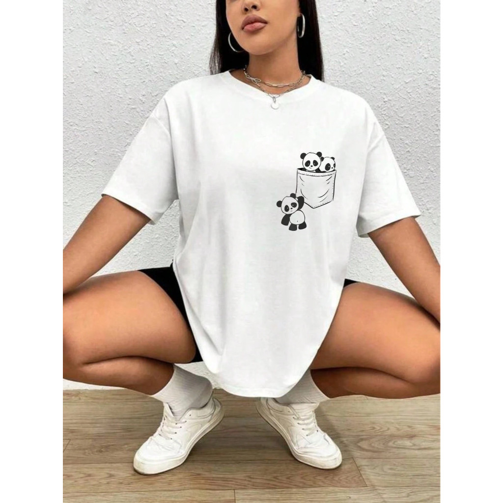 Camiseta Oversized T-Shirt Estampada Feminina Academia Corte Reto Ombro Caído Urban Fashion Panda