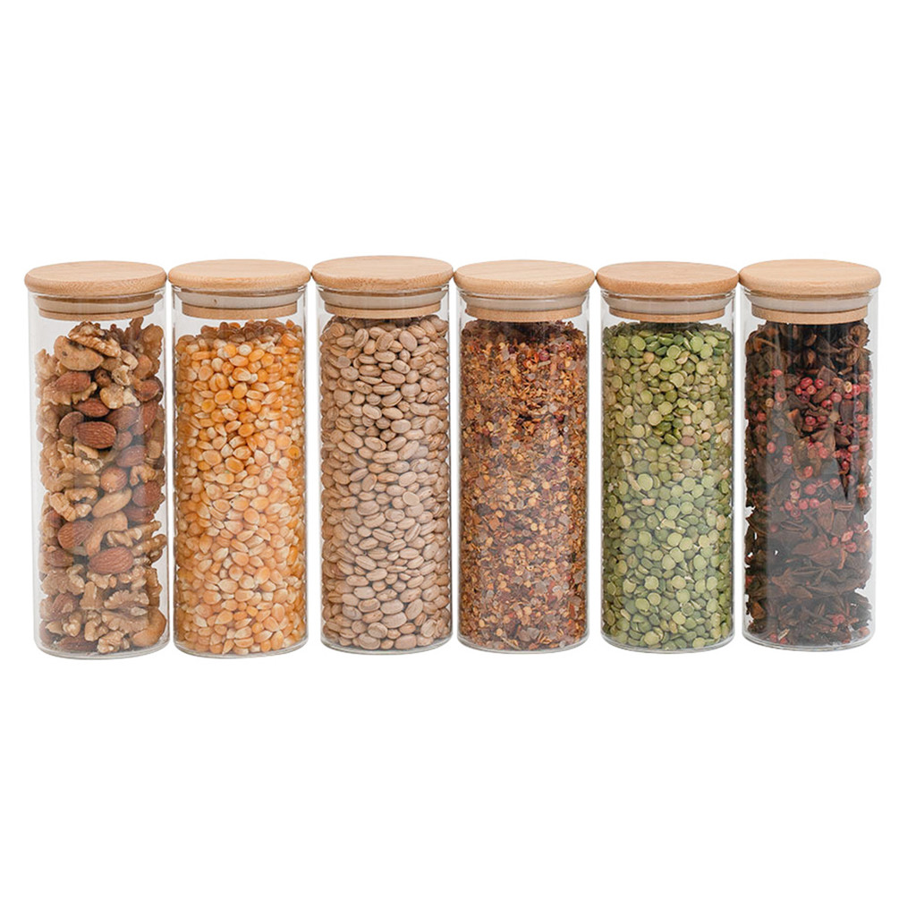Kit 6 Potes De Vidro P/ Mantimentos 450ml c/ Tampa Bambu