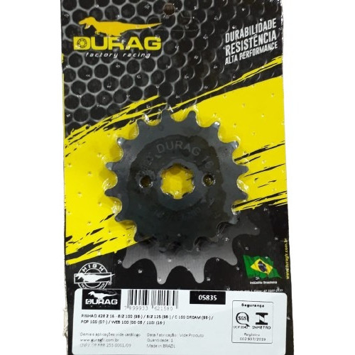 Pinhão 16 Dentes Biz 100 / Biz 125 / Dream 100 / Pop 100 / Pop 110 - P428 Corrente Fina - Durag