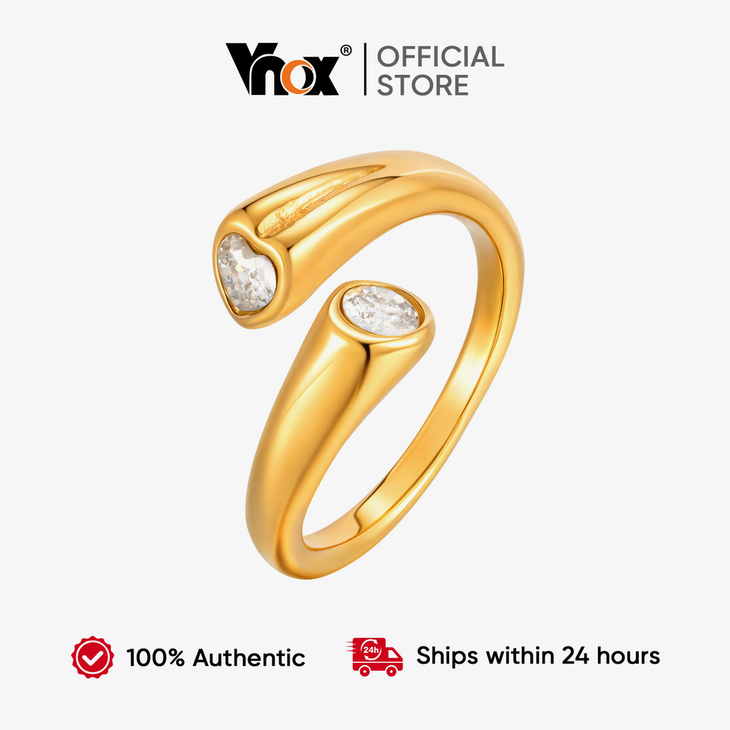 Vnox Coração Zircão Assimetria Cúbica Anel Aberto Para Mulheres , Ouro Aço Inoxidável Não Manchar E Desbotamento Jóias P