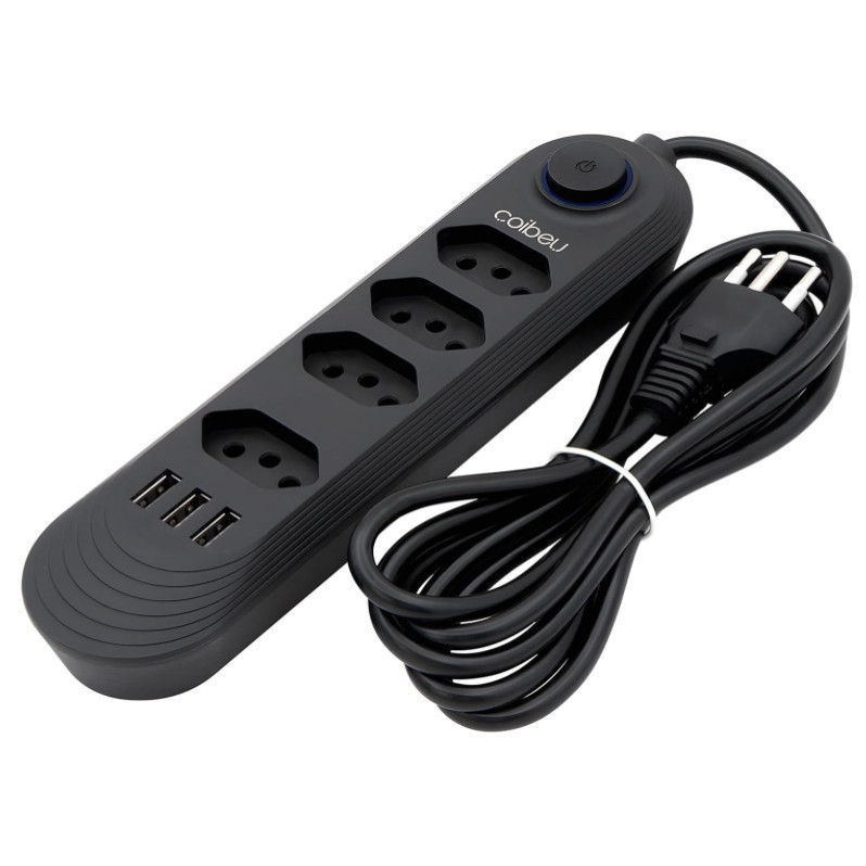 Régua Extensora de Energia 2m 4 Tomadas + 3 USB Carregador Portátil