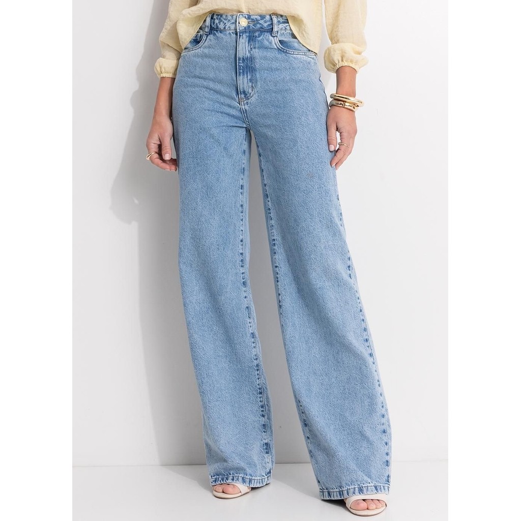 Calça Wide Leg Em Jeans  Claro Quintess