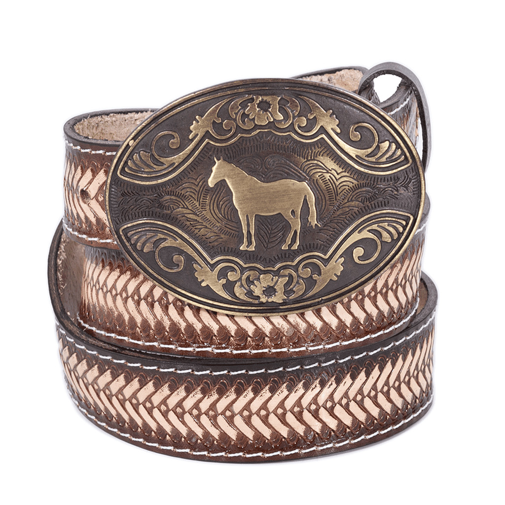 Cinto Country Masculino em Couro Estampado a Mão Trançado Fivela Grande Removivel Cavalo Rodeio