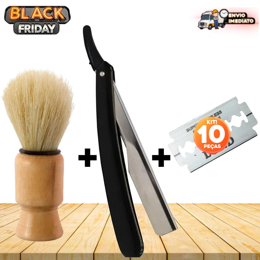 Kit Barbeiro Profissional: Navalhete Inox Cabo Plástico + 10 Lâminas + Pincel de Barbear