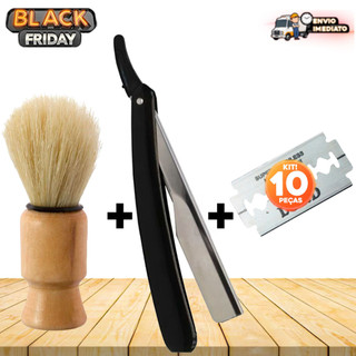 Kit Barbeiro Profissional: Navalhete Inox Cabo Plástico + 10 Lâminas + Pincel de Barbear