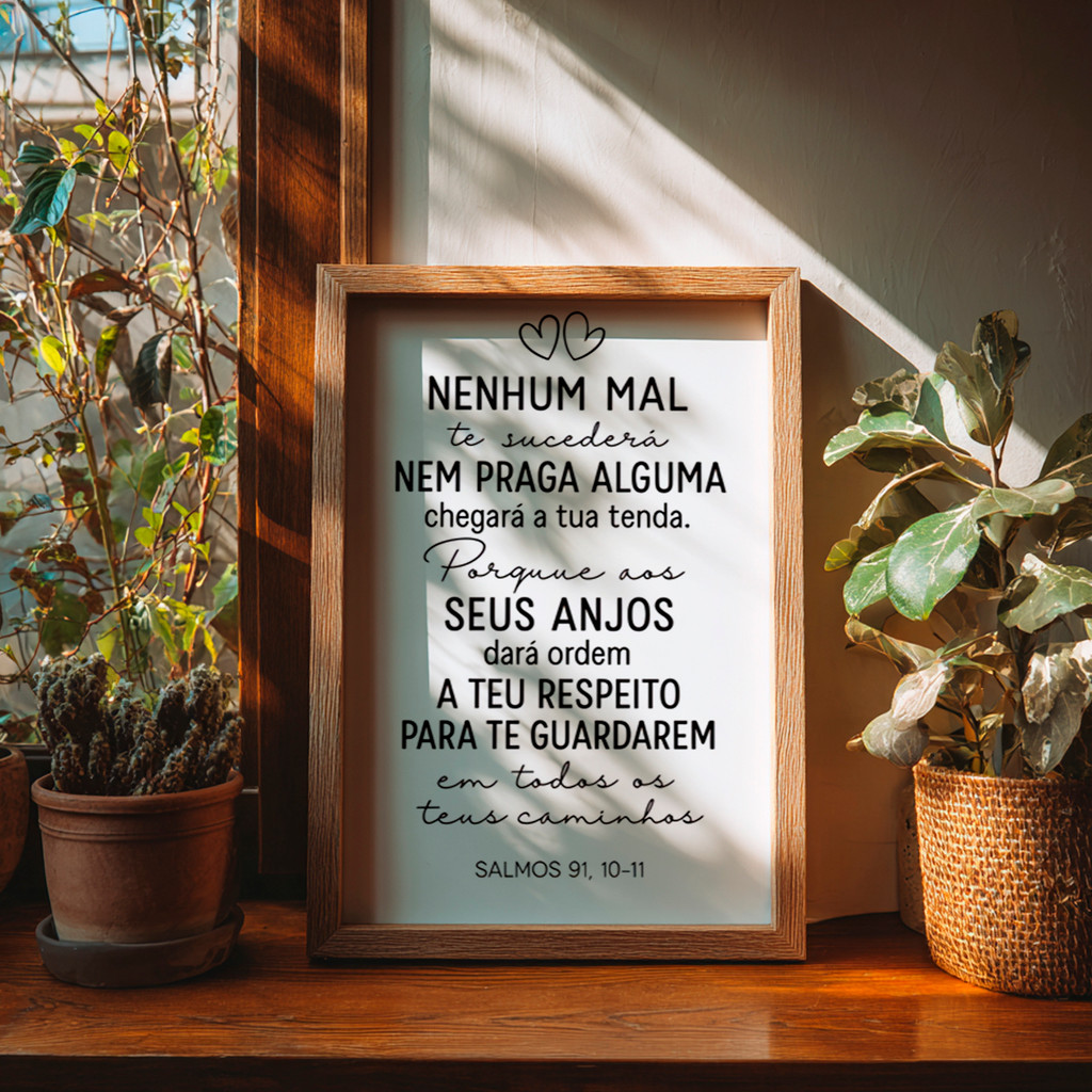 Quadro Nenhum Mal Te Sucederá Salmos 91 Versículo Bíblia Frase Cristã Fé Esperança Proteção Anjos