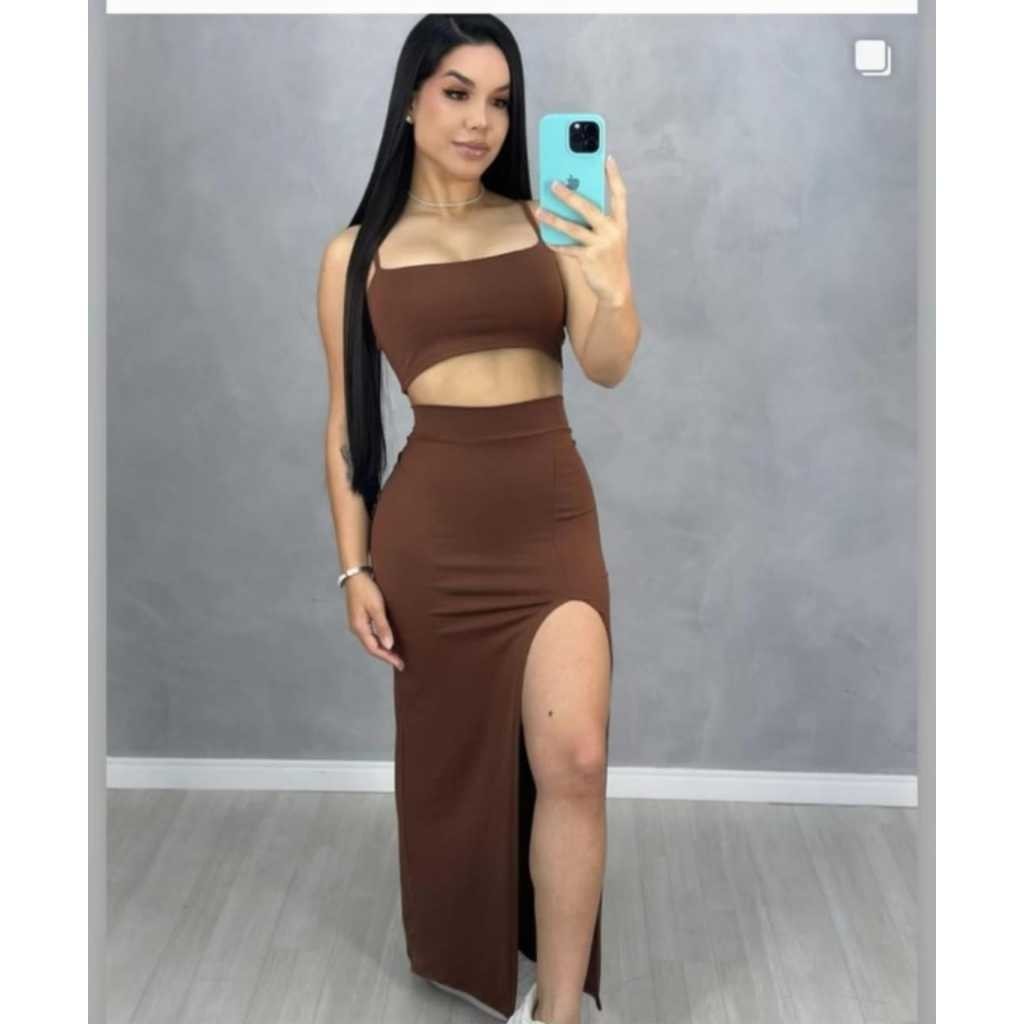 Conjunto Feminino Cropped Tomara que Caia Saia Midi Fenda Canelado