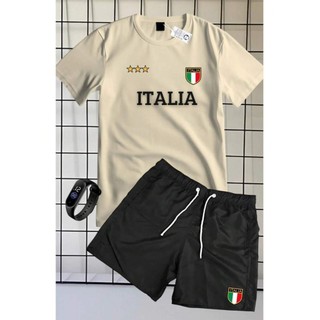 CONJUNTO DE CAMISETA CAMISA 100% ALGODÃO MANGA CURTA Shorts TACTEL ESTAMPA ITALIA + RELOGIO DE BRINDE