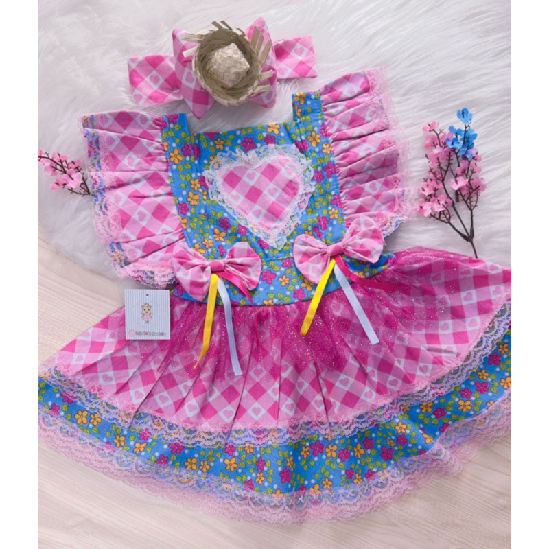 Romper Junino Festa Junina Xadrez Vermelho Rosa Pink Body Salopete Fantasia Vestido Saia Jardineira Roupa Infantil Bebê
