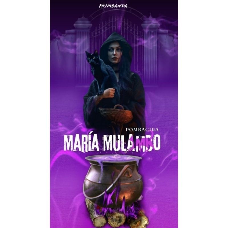 QUADRO DECORATIVO PLACA MDF-MARIA MULAMBO NA PORTA DO CEMITÉRIO JUNTO COM SEU GATO PRETO COM SEU CALDEIRÃO