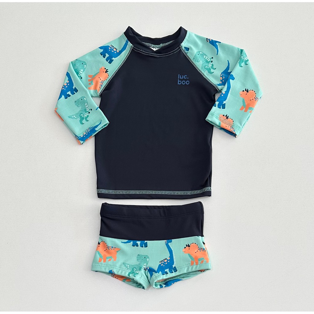 Conjunto Praia G/3 Luc.Boo Camiseta Manga Longa Azul Marinho e Sunga Dinossauros