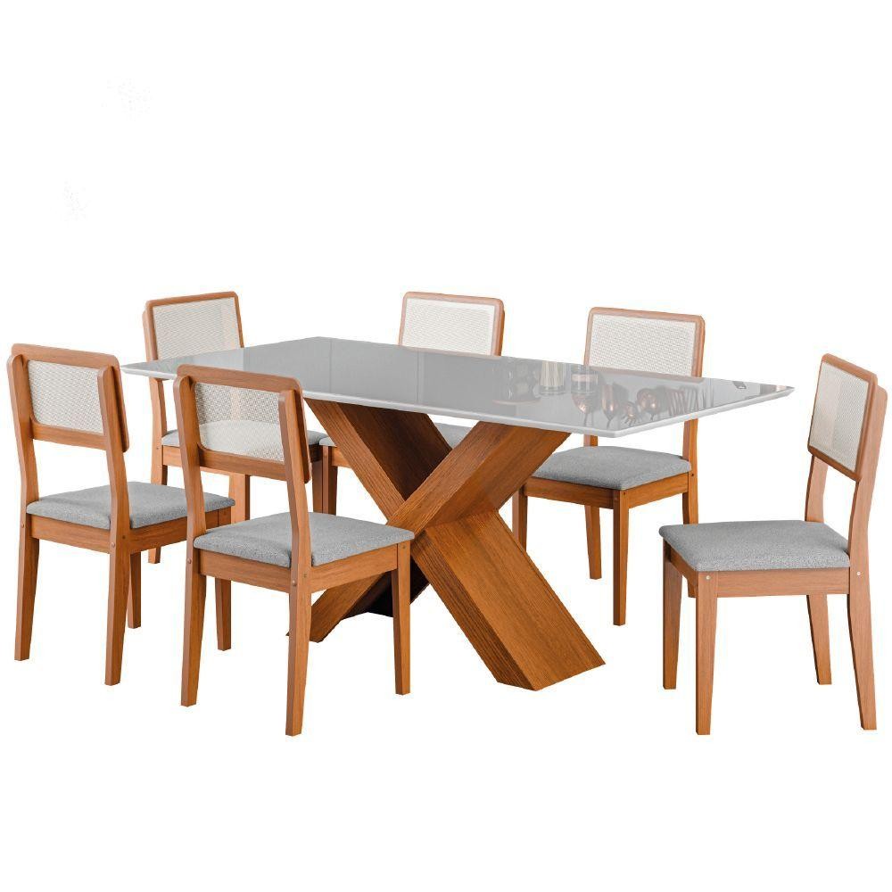 Conjunto De Mesa Sala De Jantar Tampo Com Vidro 1,80m Grécia 6 Cadeiras Santiago Dobuê / Cinza
